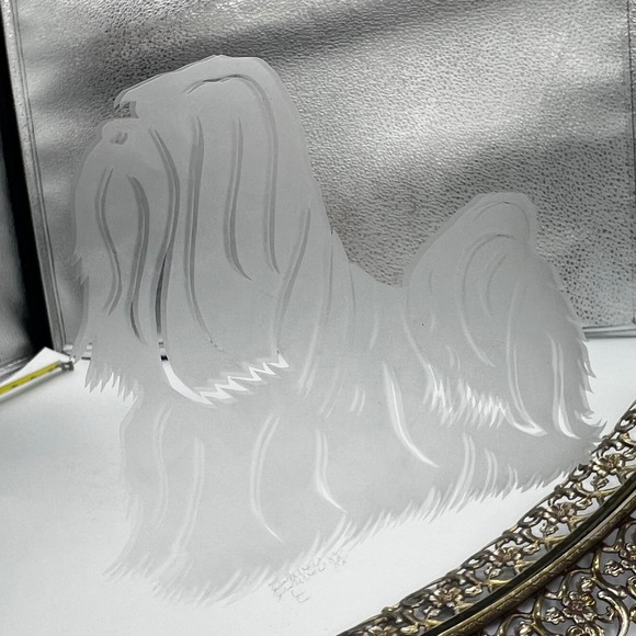 Vintage Hand Etched Brass Mirror Vanity Tray 1988 Dog Shih Tzu Glam - Picture 3 of 12